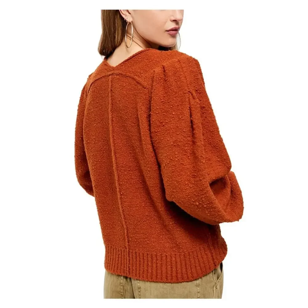 Free People Dark Orange Burnt Butter Reverie V Neck Blouson Sleeve Sweater NWT